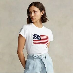 Polo Ralph Lauren Women's Crotchet Flag 100% Cotton Crewneck T-shirt NWT